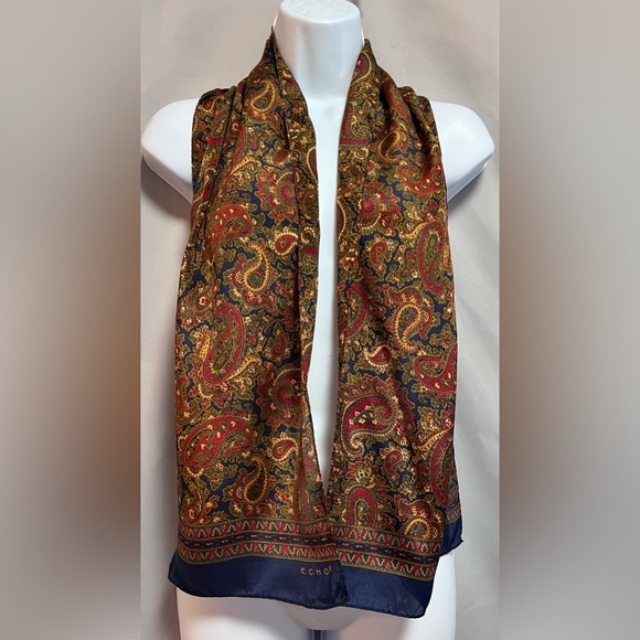 Club Echo Long Rectangle Silk Scarf Blue Yellow Red Paisley‎ - Picture 1 of 8